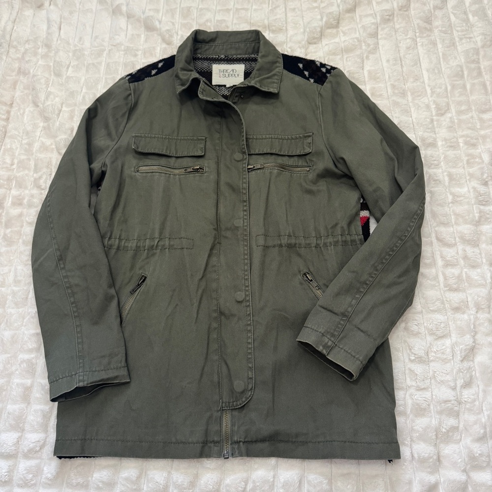 Thread & Supply Small Green Utility Jacket Chore Coat ~ Patterned Back Boho - Picture 4 of 8